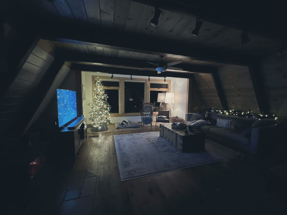 The living room at night with the tree lit